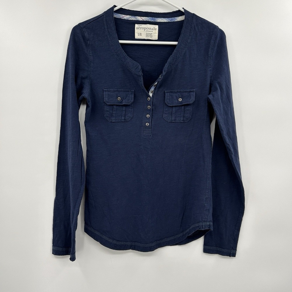 Aeropostale Y2K Womens‎ Henley Top Size L Blue Elena Preppy Bella Swan Fitted